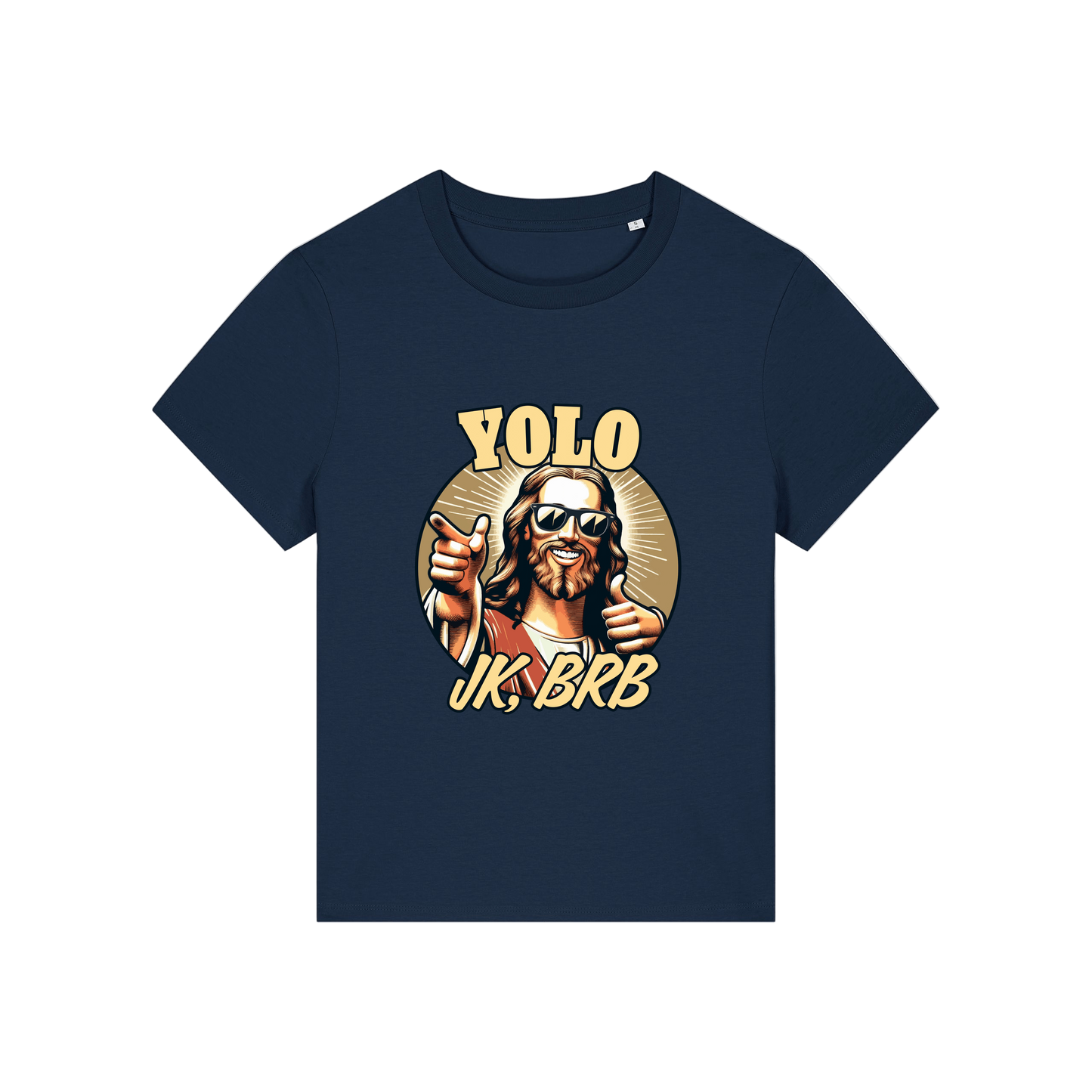 navy funny jesus t-shirt with the graphic of jesus in sunglasses and the slogan 'yolo jk brb'