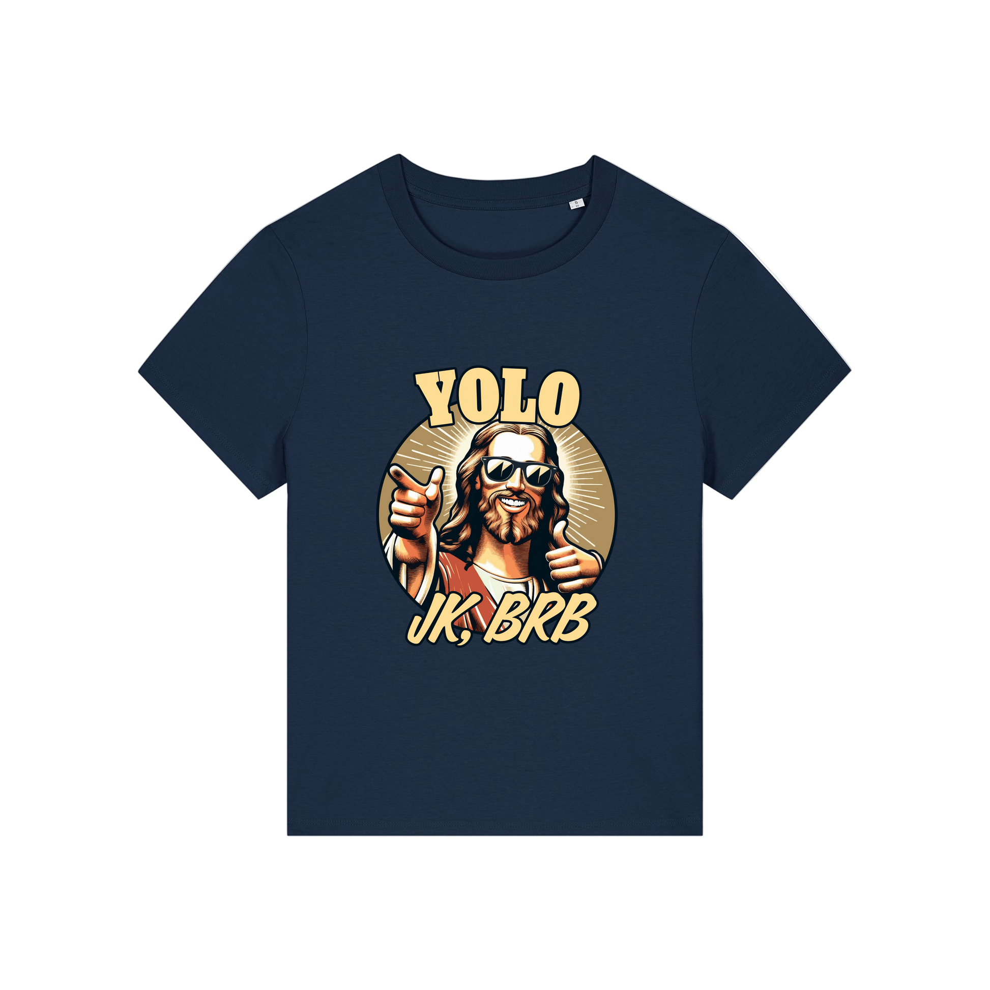 navy funny jesus t-shirt with the graphic of jesus in sunglasses and the slogan 'yolo jk brb'