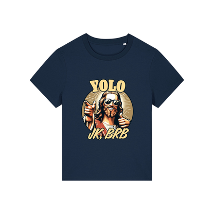 navy funny jesus t-shirt with the graphic of jesus in sunglasses and the slogan 'yolo jk brb'