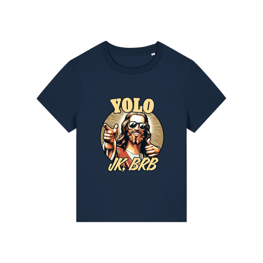 navy funny jesus t-shirt with the graphic of jesus in sunglasses and the slogan 'yolo jk brb'