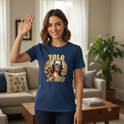 Woman wearing a blue t-shirt with a graphic design in a living room