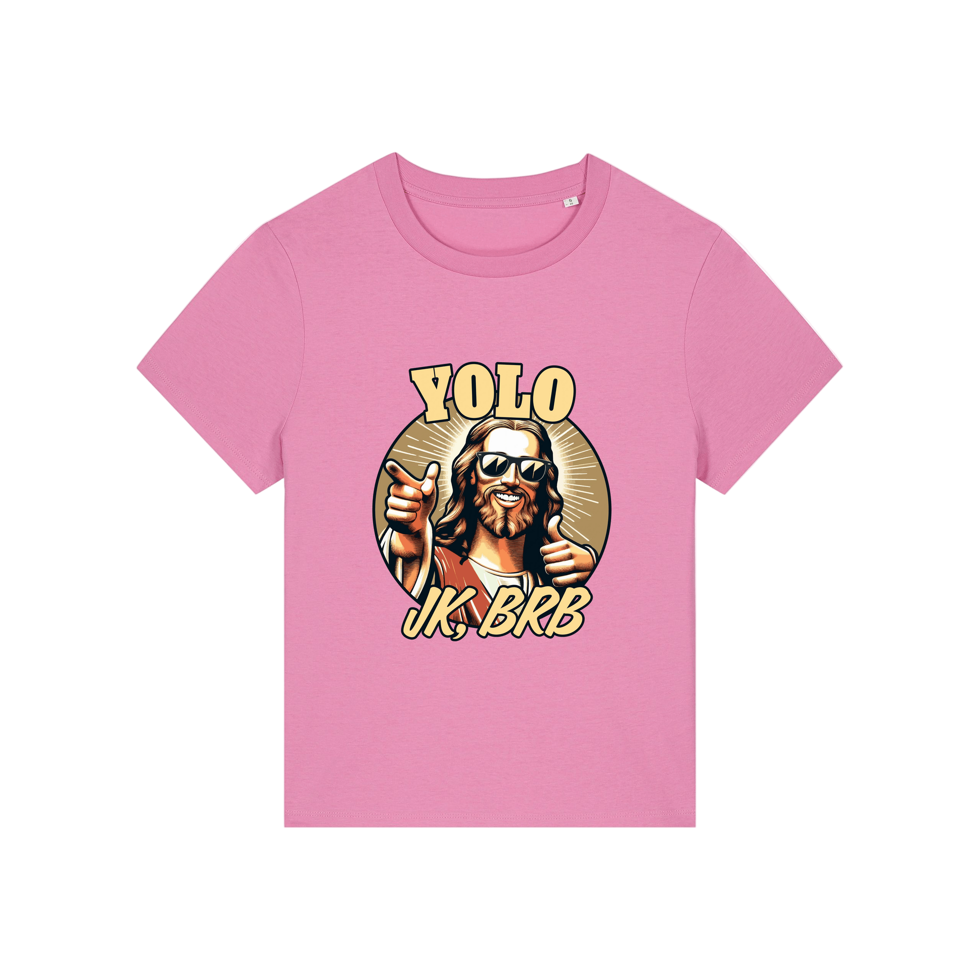 pink funny jesus t-shirt with the graphic of jesus in sunglasses and the slogan 'yolo jk brb'