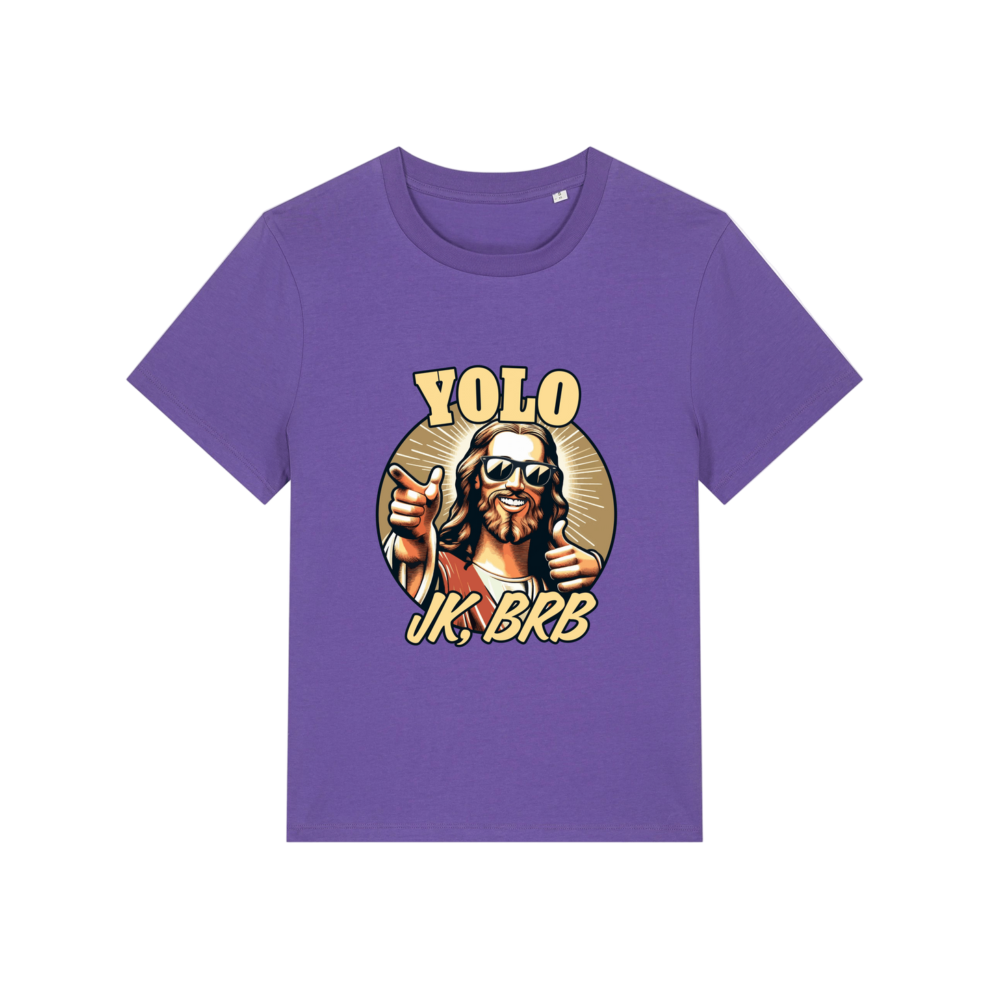 purple funny jesus t-shirt with the graphic of jesus in sunglasses and the slogan 'yolo jk brb'
