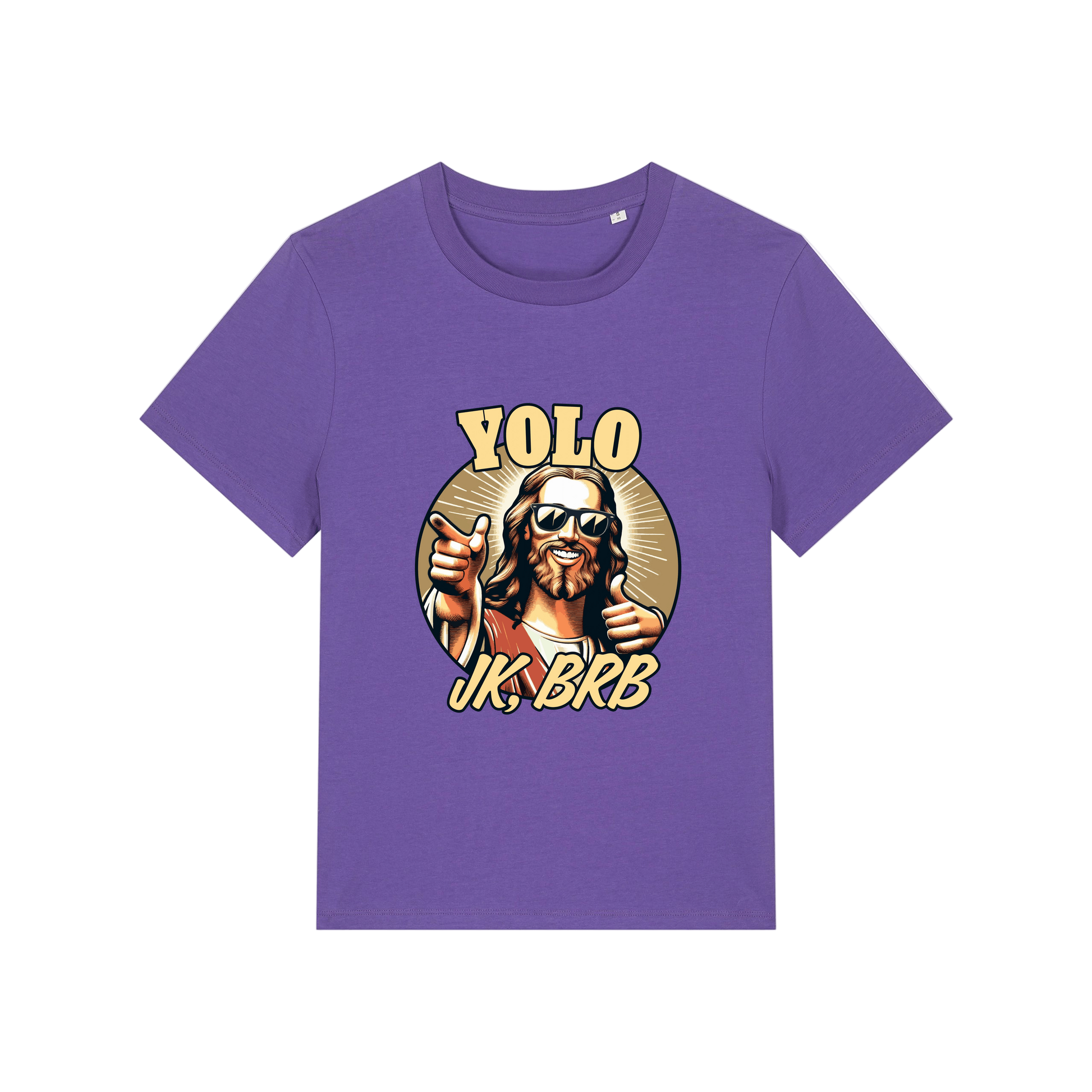 purple funny jesus t-shirt with the graphic of jesus in sunglasses and the slogan 'yolo jk brb'
