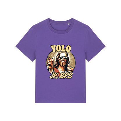 purple funny jesus t-shirt with the graphic of jesus in sunglasses and the slogan 'yolo jk brb'