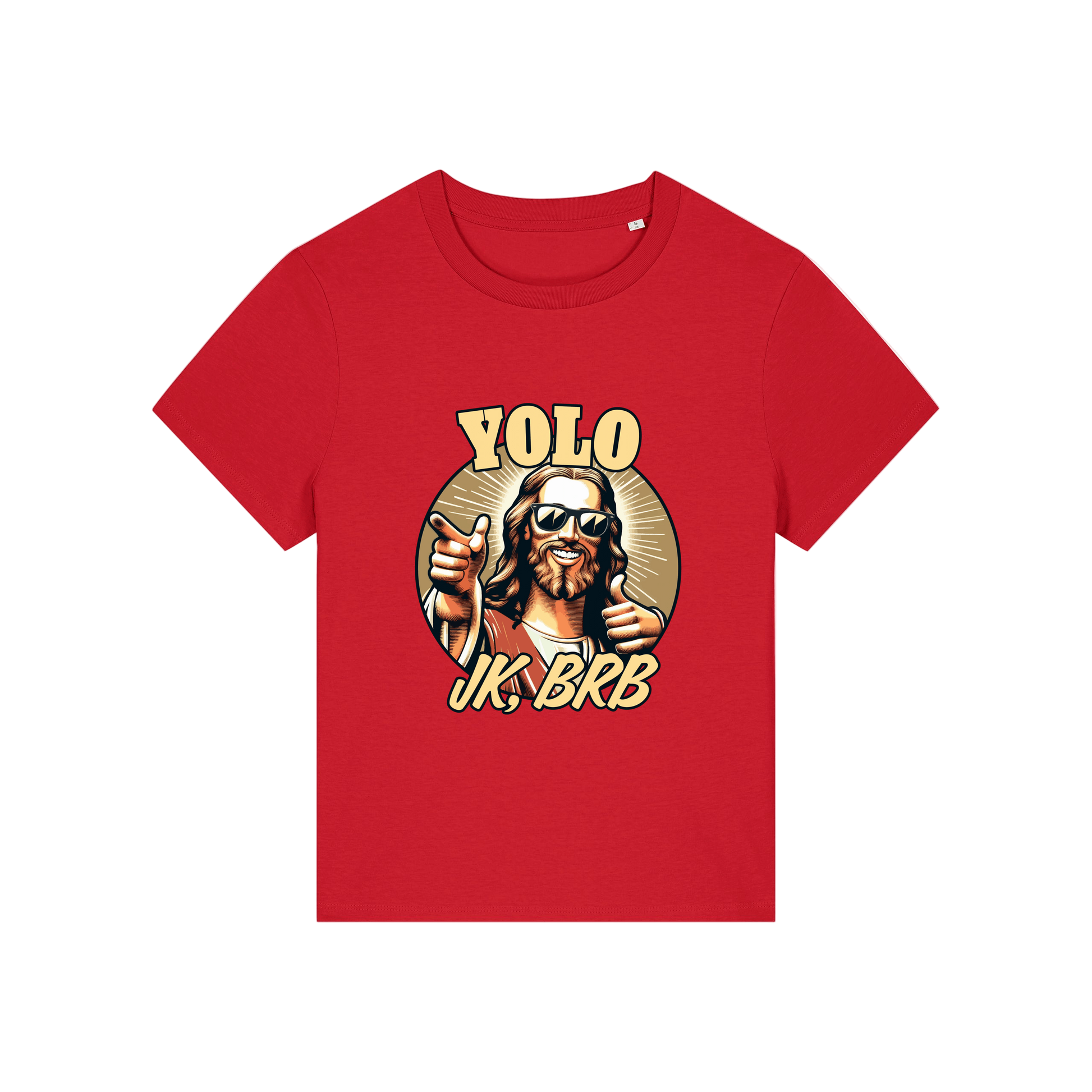 red funny jesus t-shirt with the graphic of jesus in sunglasses and the slogan 'yolo jk brb'