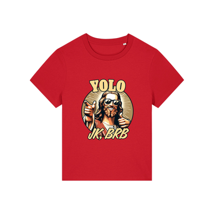 red funny jesus t-shirt with the graphic of jesus in sunglasses and the slogan 'yolo jk brb'