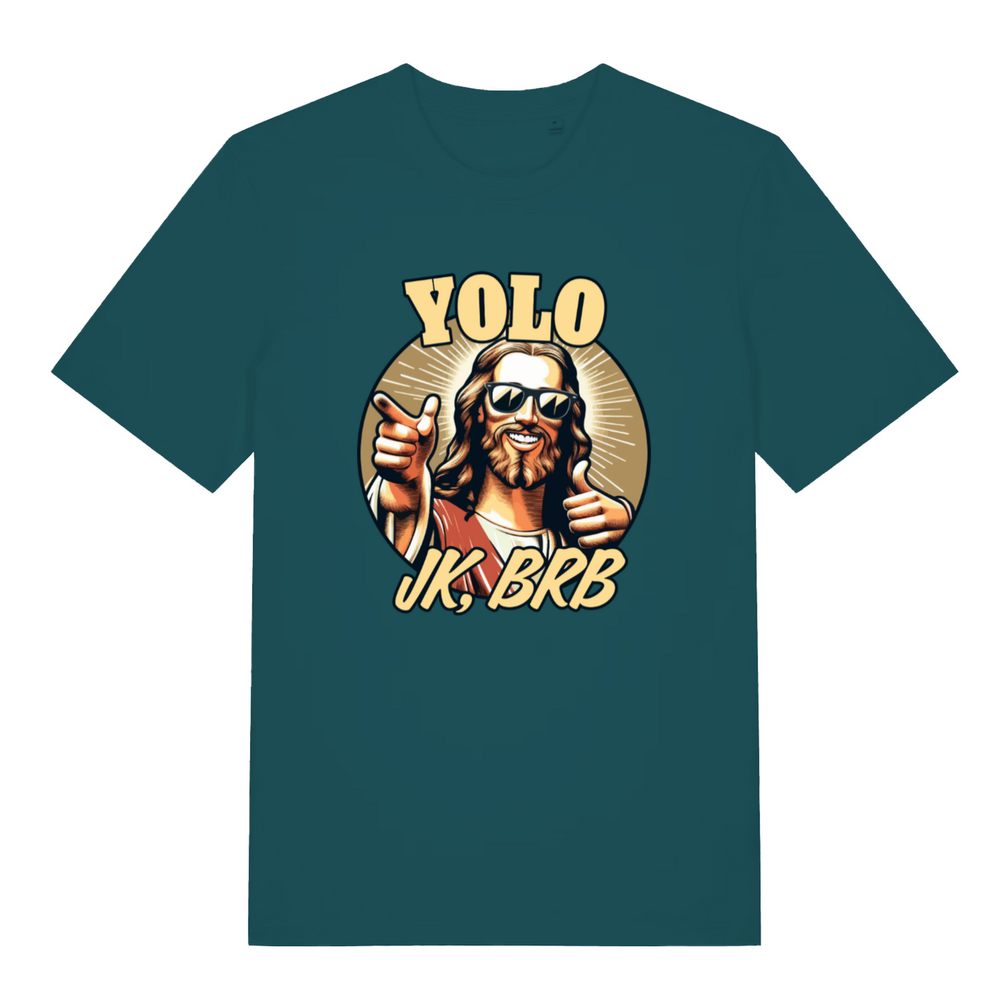 teal women's funny graphic t-shirt with a jesus design and the slogan 'yolo, jk brb'