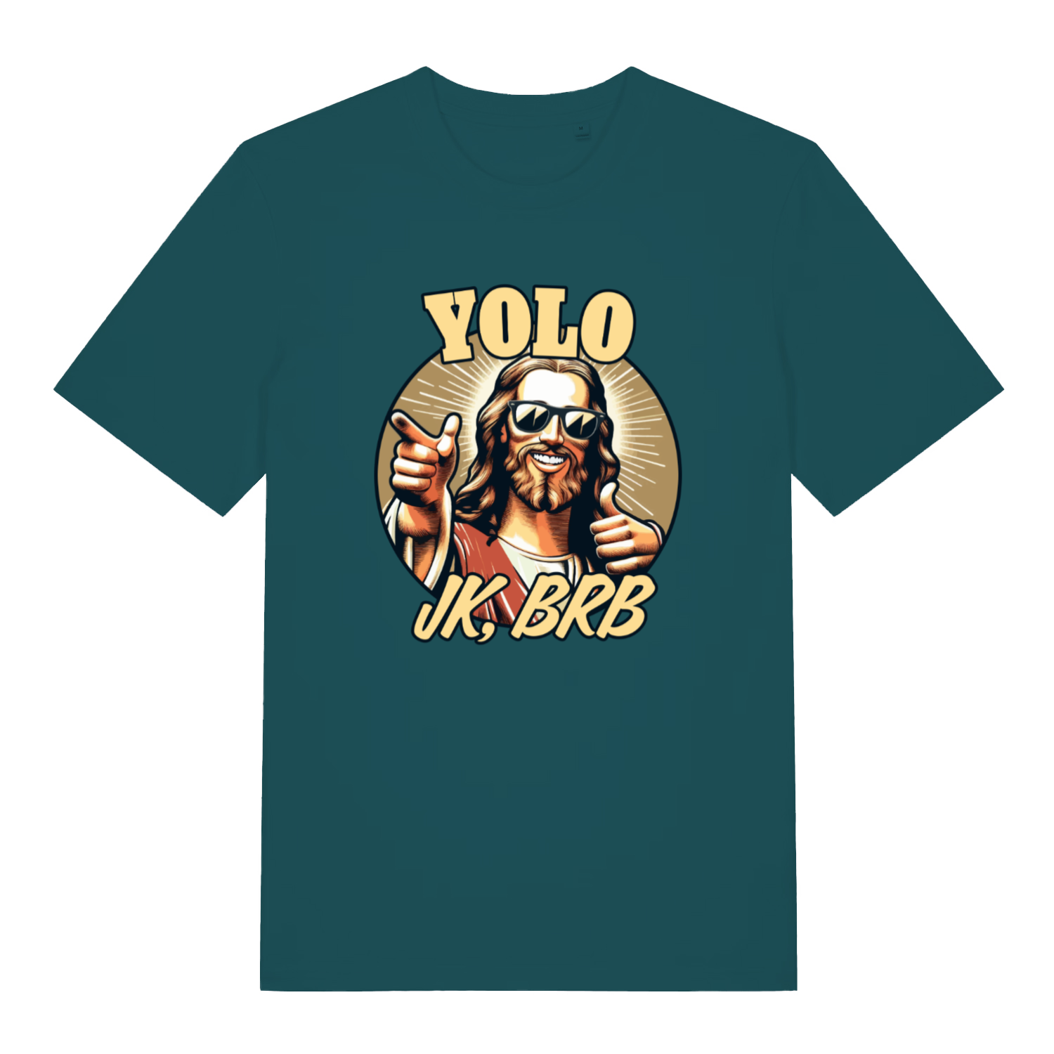 teal women's funny graphic t-shirt with a jesus design and the slogan 'yolo, jk brb'