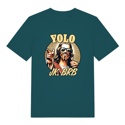 teal women's funny graphic t-shirt with a jesus design and the slogan 'yolo, jk brb'