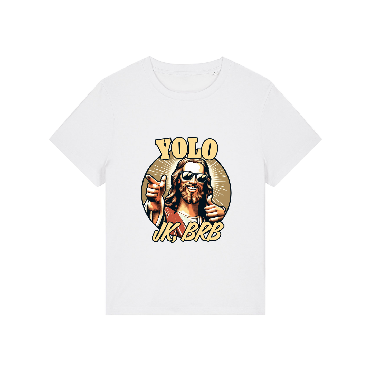 white funny jesus t-shirt with the graphic of jesus in sunglasses and the slogan 'yolo jk brb'