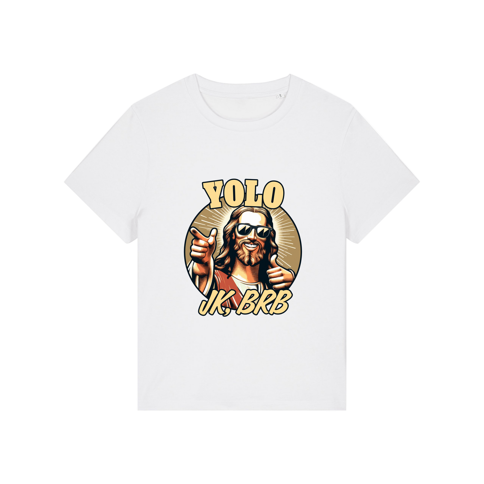 white funny jesus t-shirt with the graphic of jesus in sunglasses and the slogan 'yolo jk brb'