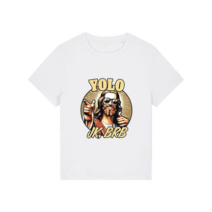 white funny jesus t-shirt with the graphic of jesus in sunglasses and the slogan 'yolo jk brb'
