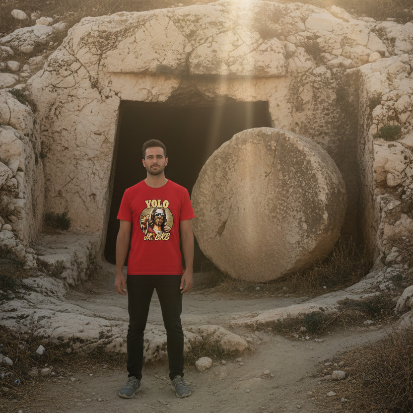 Man wearing a red t-shirt with a graphic design standing in front of ancient stone structures.