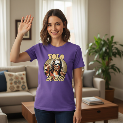 Woman wearing a purple t-shirt with a graphic design in a living room.
