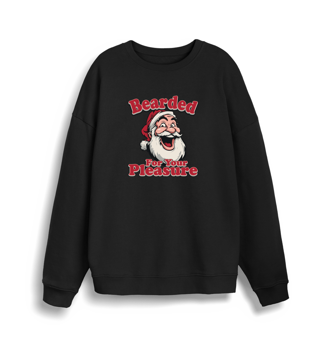 black christmas sweater with the graphic of santa and the slogan 'bearded for your pleasure'