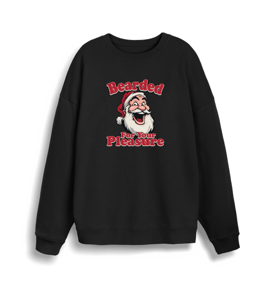 black christmas sweater with the graphic of santa and the slogan 'bearded for your pleasure'