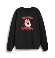 black christmas sweater with the graphic of santa and the slogan 'bearded for your pleasure'