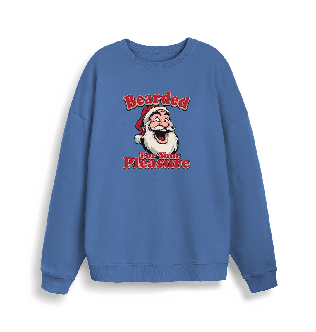 blue christmas sweater with the graphic of santa and the slogan 'bearded for your pleasure'