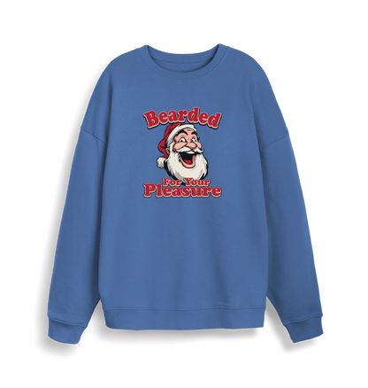 blue christmas sweater with the graphic of santa and the slogan 'bearded for your pleasure'