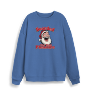 blue christmas sweater with the graphic of santa and the slogan 'bearded for your pleasure'