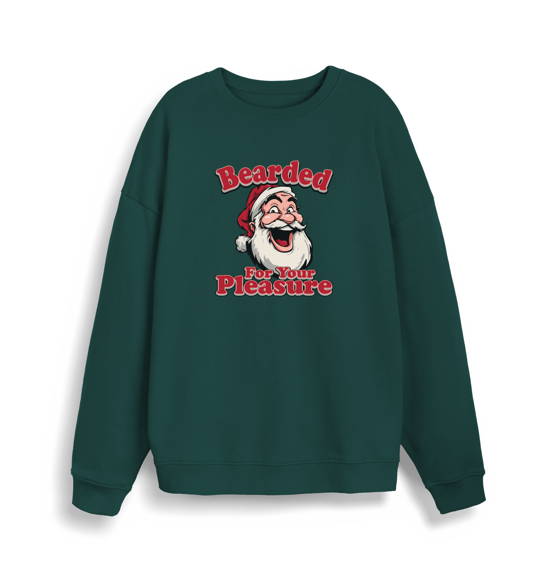 green christmas sweater with the graphic of santa and the slogan 'bearded for your pleasure'