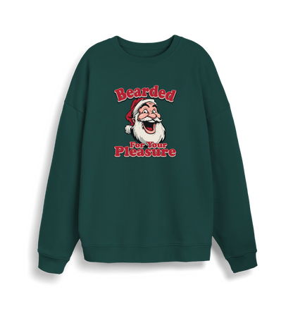 green christmas sweater with the graphic of santa and the slogan 'bearded for your pleasure'