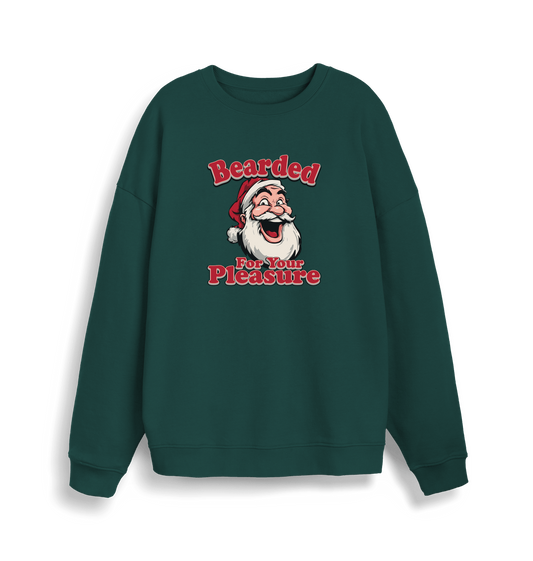 green christmas sweater with the graphic of santa and the slogan 'bearded for your pleasure'