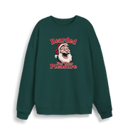 green christmas sweater with the graphic of santa and the slogan 'bearded for your pleasure'