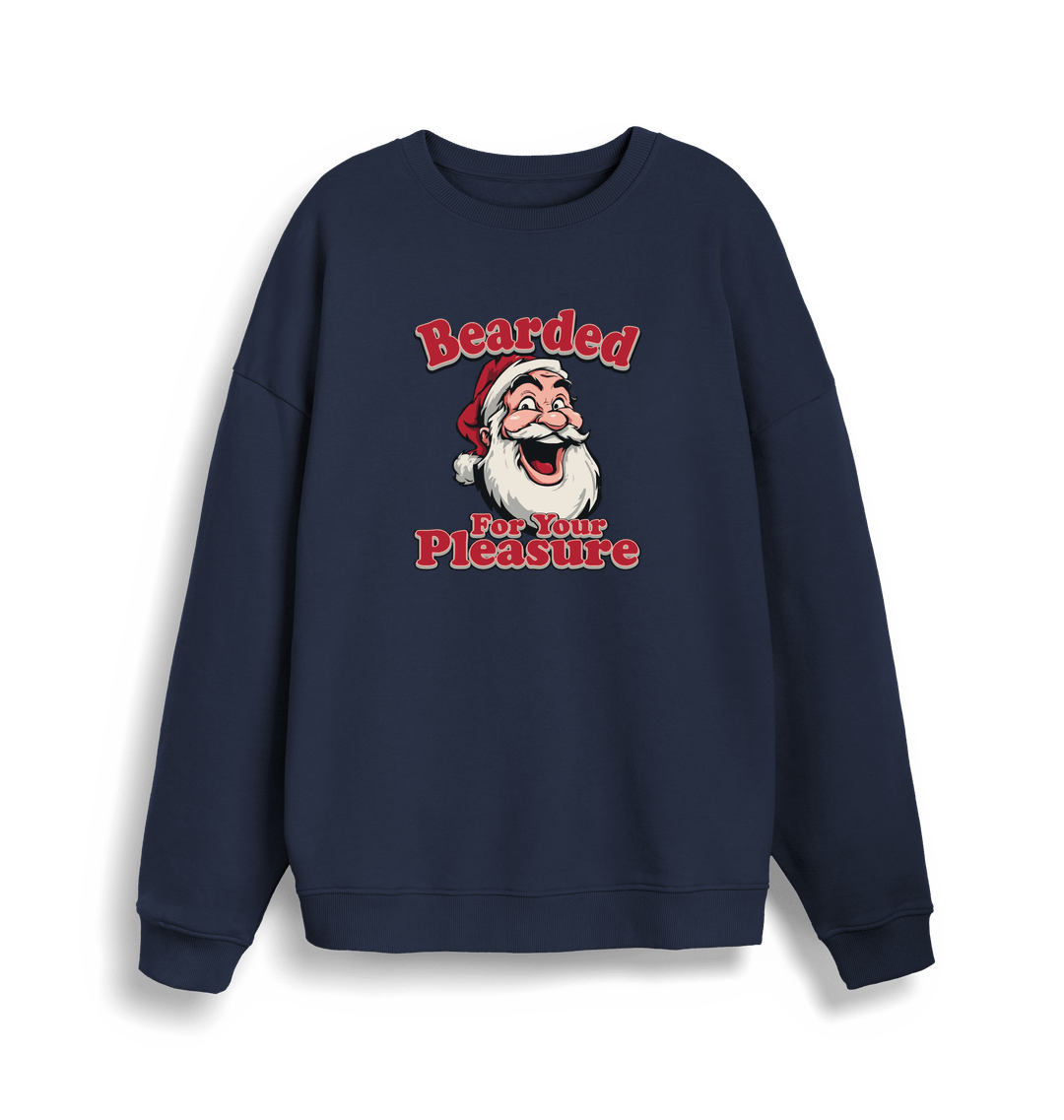 navy christmas sweater with the graphic of santa and the slogan 'bearded for your pleasure'