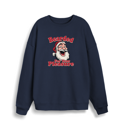 navy christmas sweater with the graphic of santa and the slogan 'bearded for your pleasure'