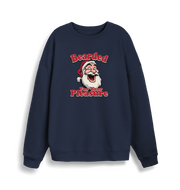 navy christmas sweater with the graphic of santa and the slogan 'bearded for your pleasure'