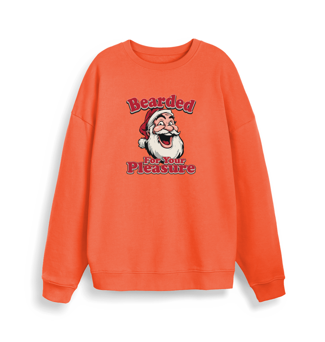 orange christmas sweater with the graphic of santa and the slogan 'bearded for your pleasure'