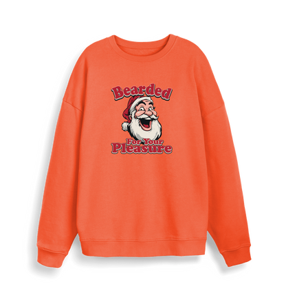 orange christmas sweater with the graphic of santa and the slogan 'bearded for your pleasure'