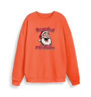 orange christmas sweater with the graphic of santa and the slogan 'bearded for your pleasure'