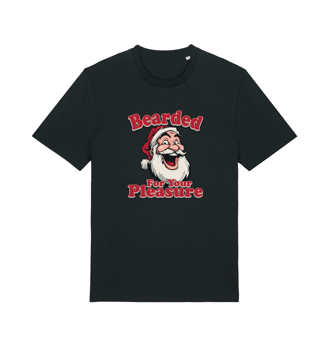 black christmas t-shirt with the graphic of santa and the slogan 'bearded for your pleasure'