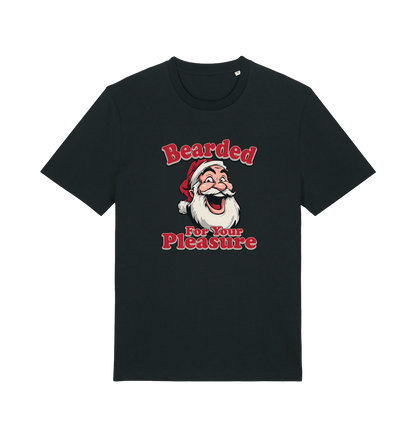 black christmas t-shirt with the graphic of santa and the slogan 'bearded for your pleasure'