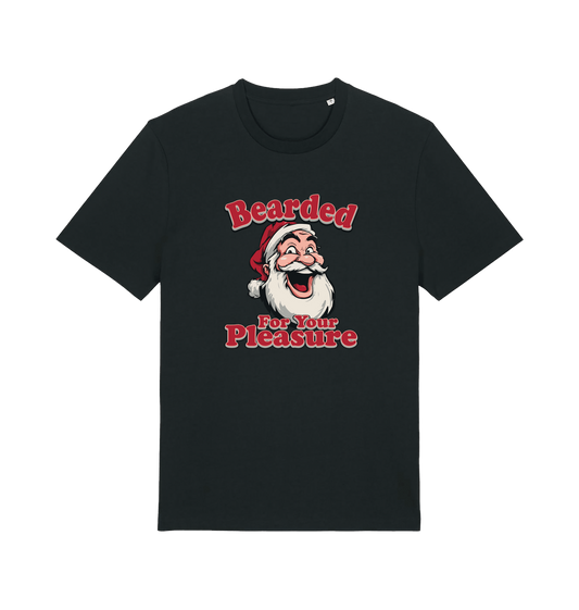 black christmas t-shirt with the graphic of santa and the slogan 'bearded for your pleasure'