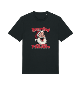 black christmas t-shirt with the graphic of santa and the slogan 'bearded for your pleasure'