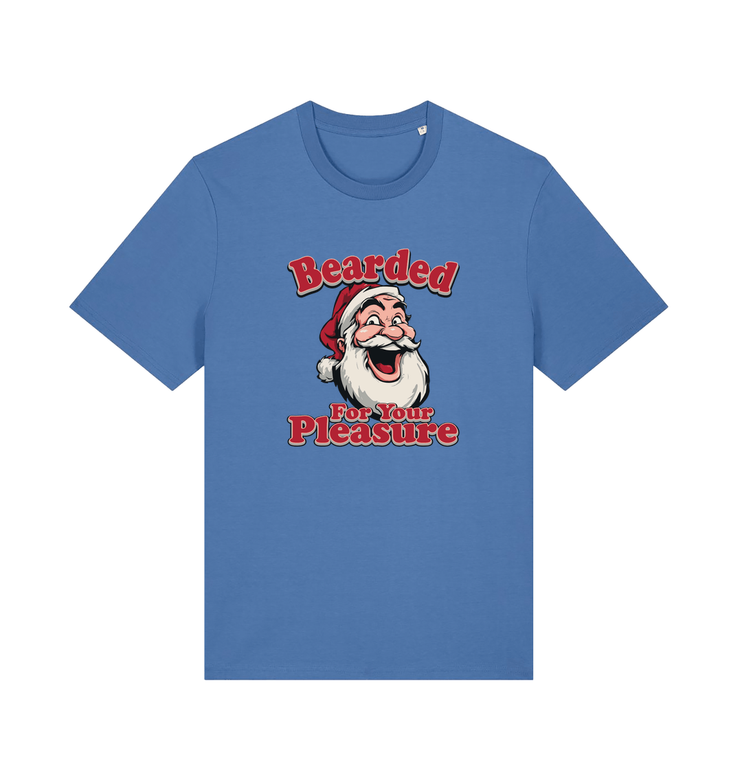 blue christmas t-shirt with the graphic of santa and the slogan 'bearded for your pleasure'