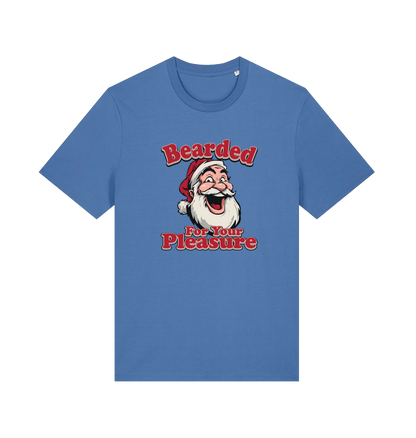 blue christmas t-shirt with the graphic of santa and the slogan 'bearded for your pleasure'