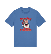 blue christmas t-shirt with the graphic of santa and the slogan 'bearded for your pleasure'