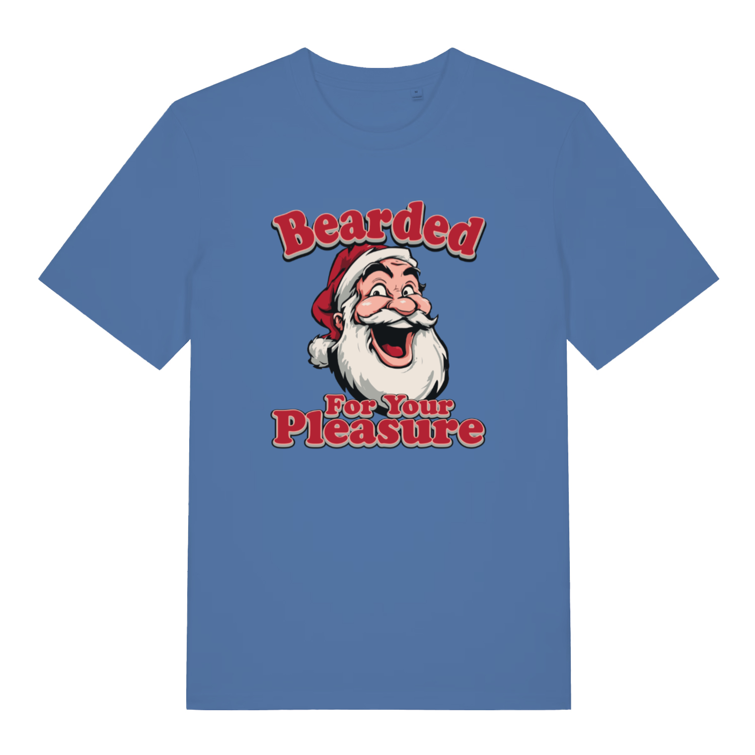 blue christmas t-shirt with the graphic of santa and the slogan 'bearded for your pleasure'