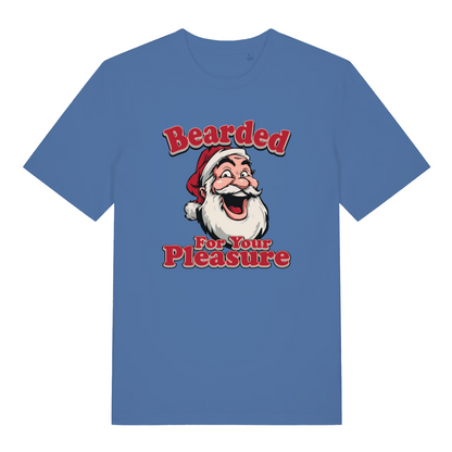 blue christmas t-shirt with the graphic of santa and the slogan 'bearded for your pleasure'