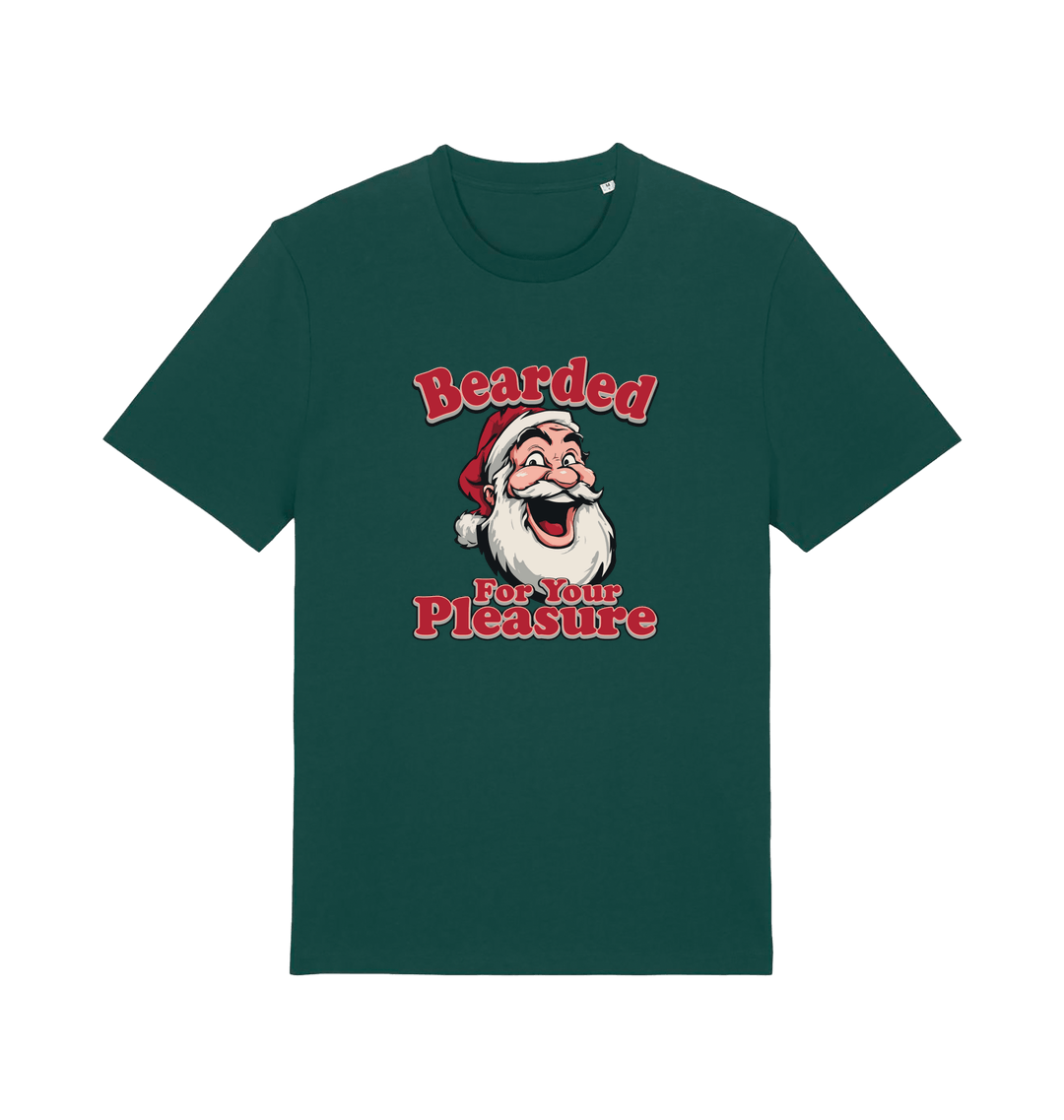 green christmas t-shirt with the graphic of santa and the slogan 'bearded for your pleasure'