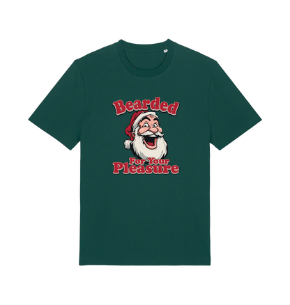 green christmas t-shirt with the graphic of santa and the slogan 'bearded for your pleasure'