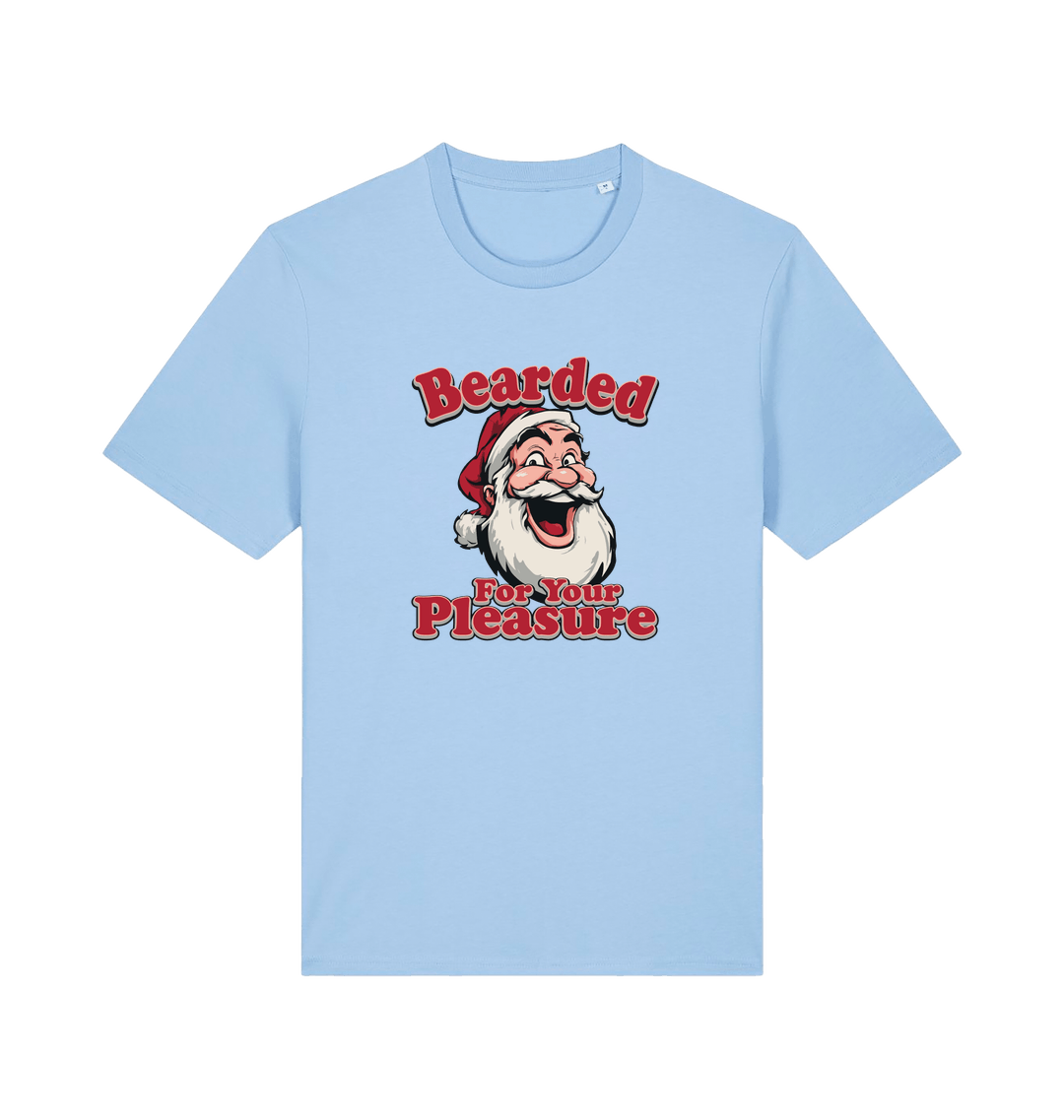 light blue christmas t-shirt with the graphic of santa and the slogan 'bearded for your pleasure'