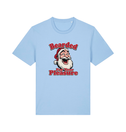 light blue christmas t-shirt with the graphic of santa and the slogan 'bearded for your pleasure'