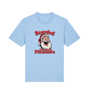 light blue christmas t-shirt with the graphic of santa and the slogan 'bearded for your pleasure'
