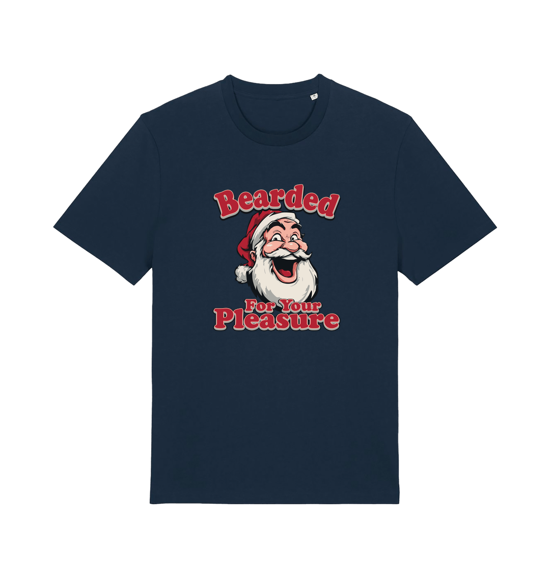 navy christmas t-shirt with the graphic of santa and the slogan 'bearded for your pleasure'